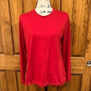 L&B Vibrant Red Long Sleeve Top with Pom-Pom Trim